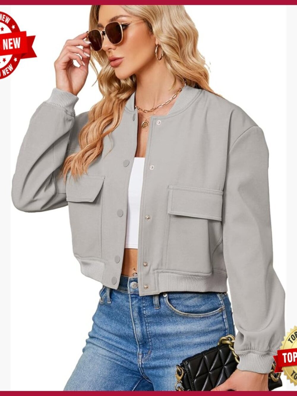 Cropped Bomber Jacket Women Button Down Long Sleeve Casual Varsity with Pockets